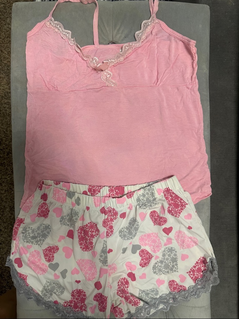 Women’s Pink Lace-Trim Cami & Heart Print Sleep Shorts Set